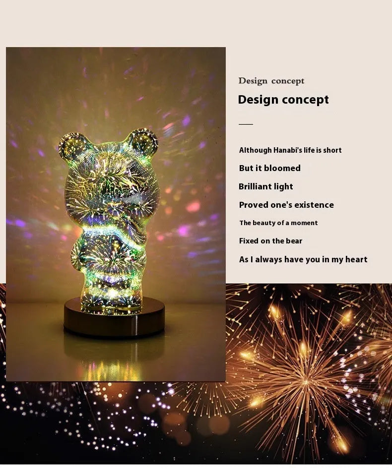 3D glass finger bear bedside lamp with multicoloured fireworks lighting effect