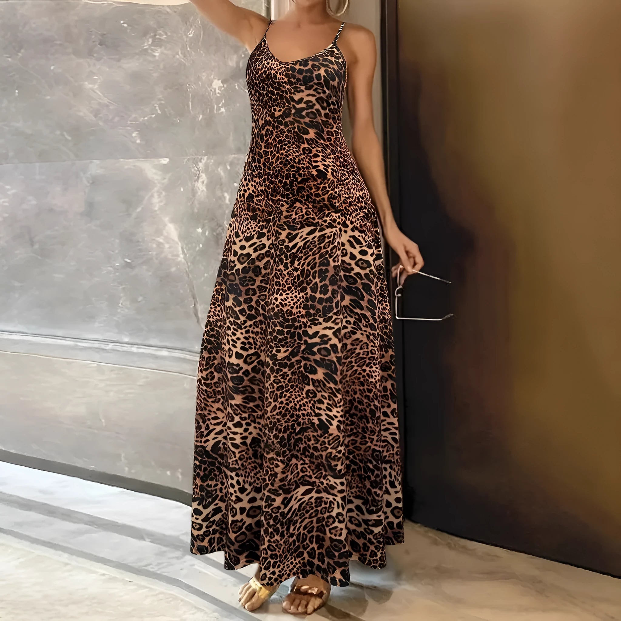 Women's dark brown leopard print sleeveless dress with round neck and adjustable shoulder straps