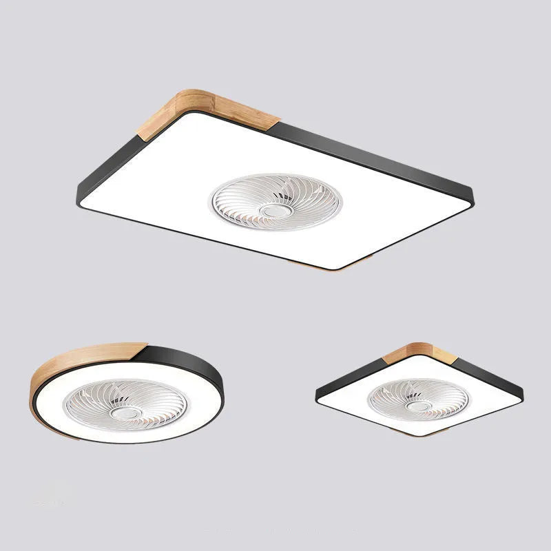 Nordic ceiling fan lamp with light on solid wood base, available in rectangular, round, or square options