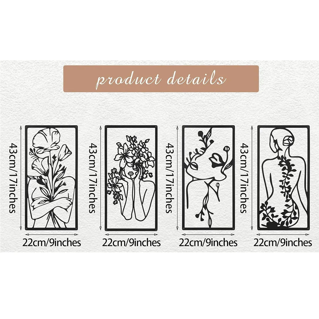 Set of four iron human body partial wall decorative paintings, modern simplicity style, each 17 by 10 inches