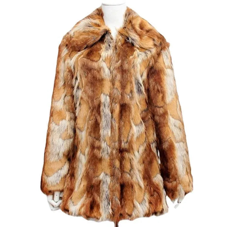 Women's tiger print faux fur jacket in a medium-length street fashion style.