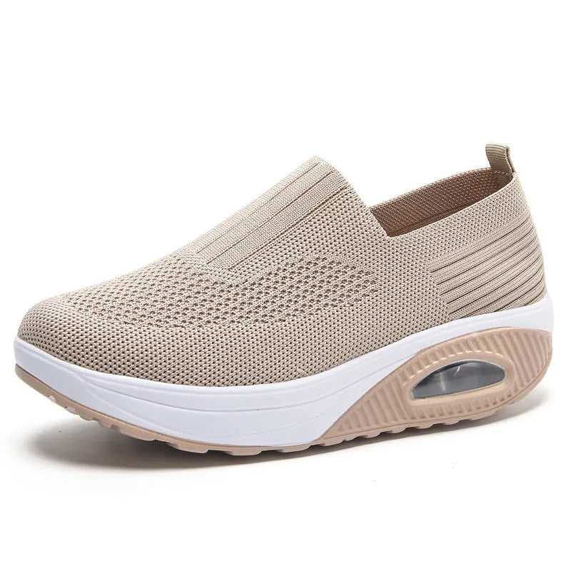 Women's air cushion non-slip flying woven shoes in solid colour, low top with mesh upper and EVA sole