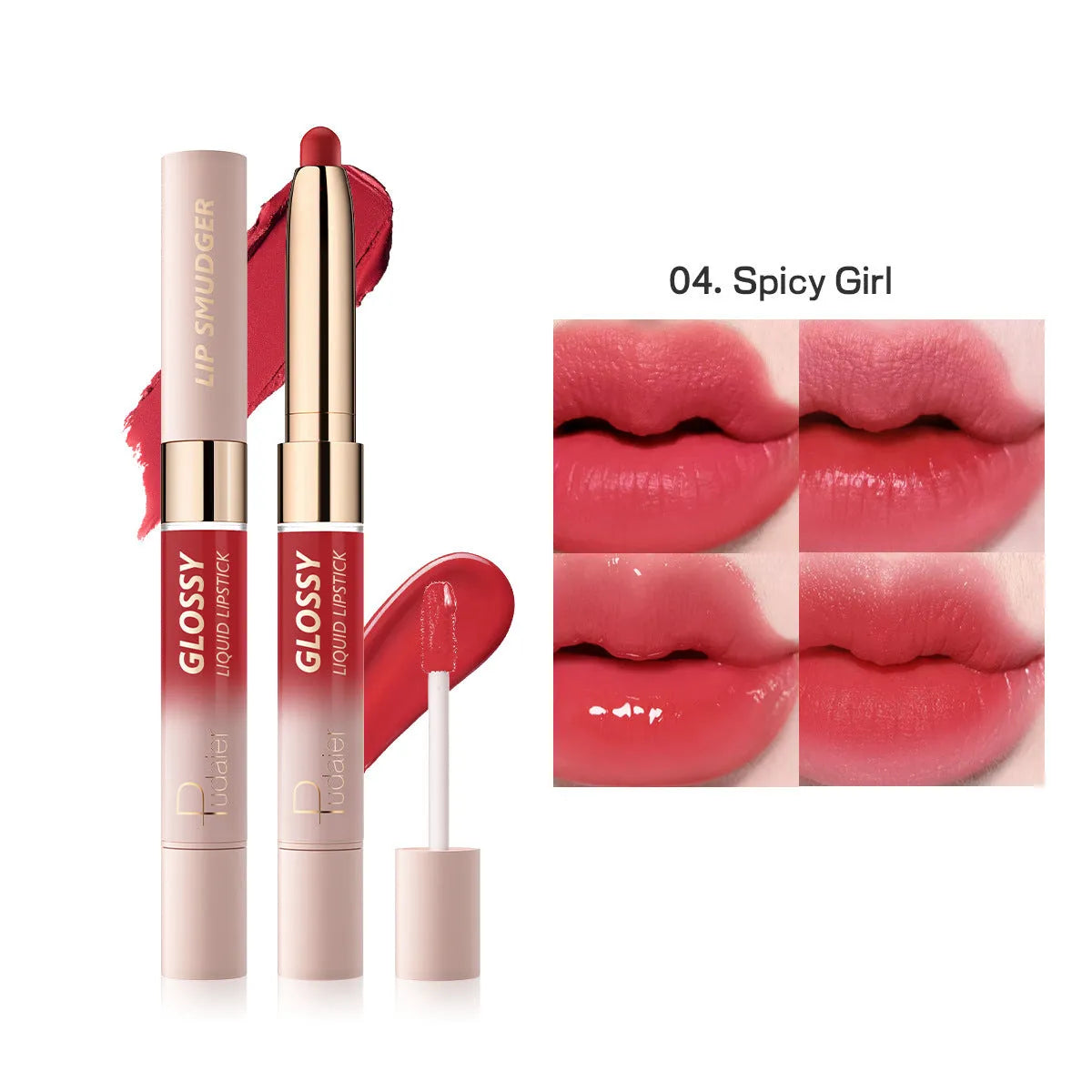 Double-headed matte lipstick and lip gloss cosmetic stick in one of ten available colours.