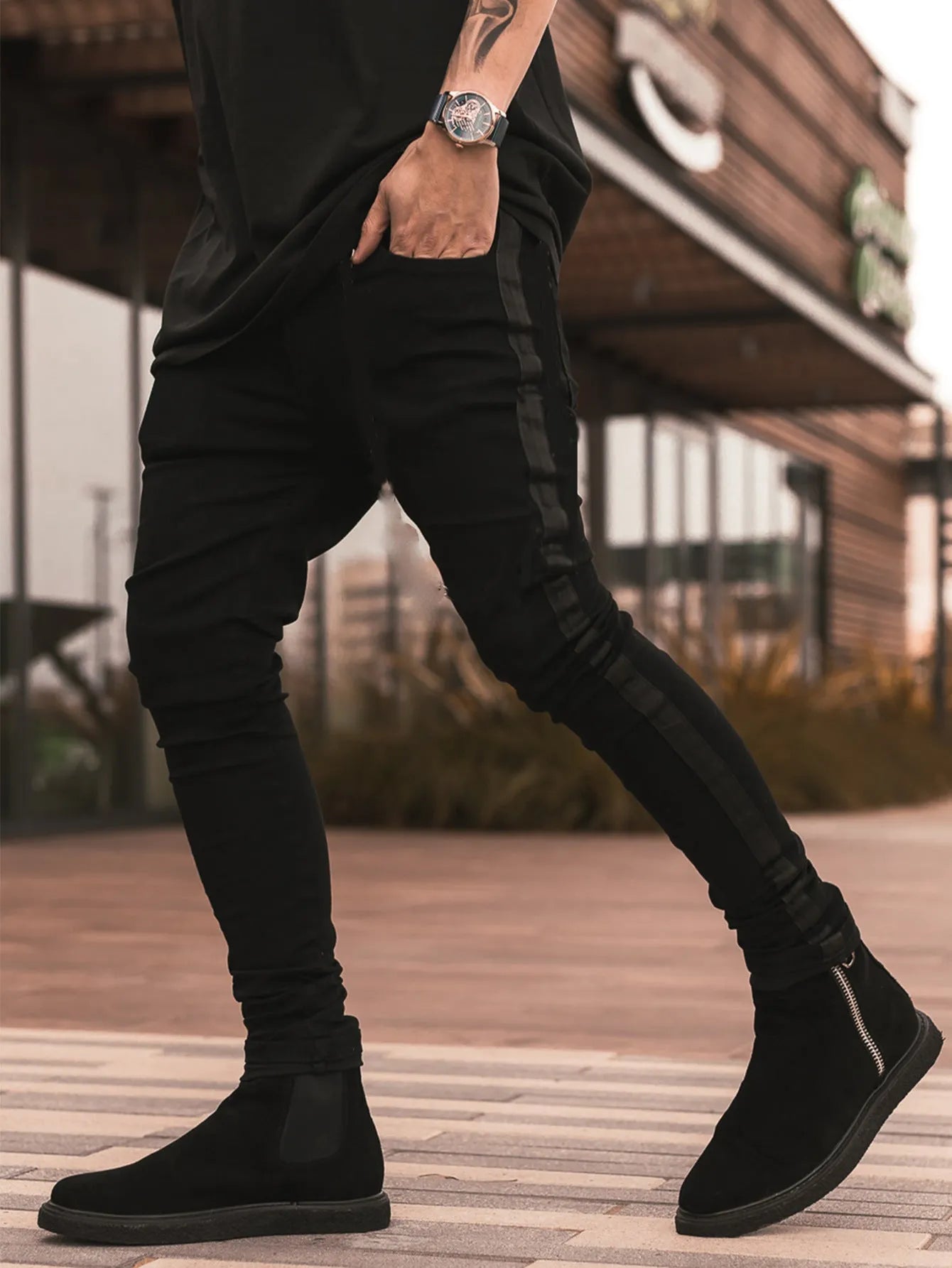 Men's ripped black slim-fit high waist cotton denim trousers with elastic waist