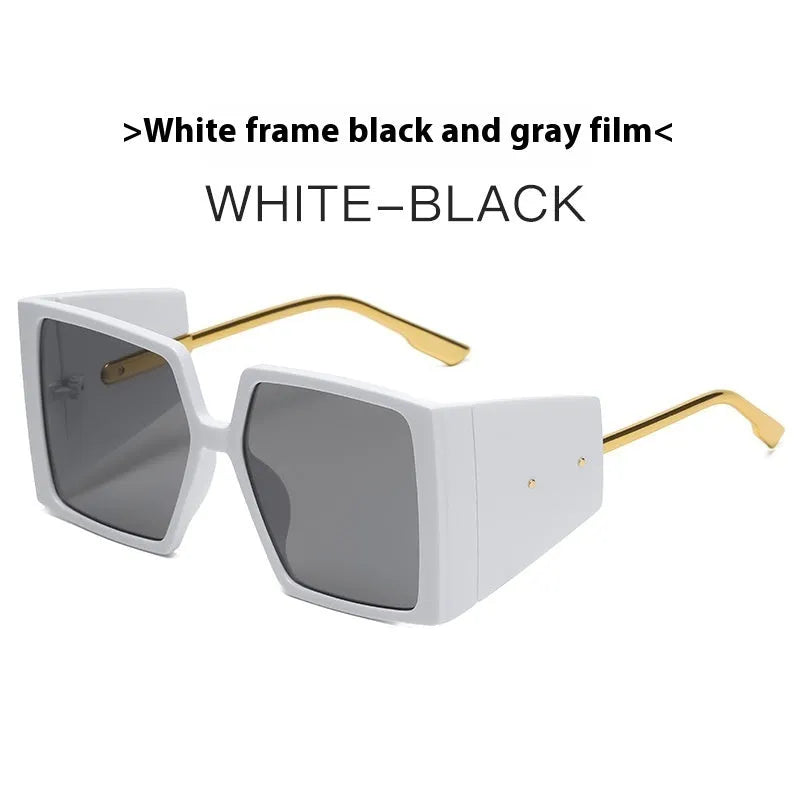 Large square frame sunglasses showing seven colour options: black, blue, champagne, hawksbill, green, orange, and white