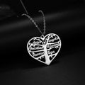 Custom stainless steel name necklace with hollow heart pendant showing engraved names in a family tree design.
