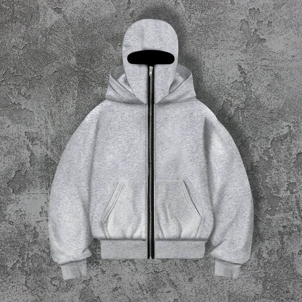 Women's loose fit solid colour polyester fleece zip top with faux fur trim on hood, front view