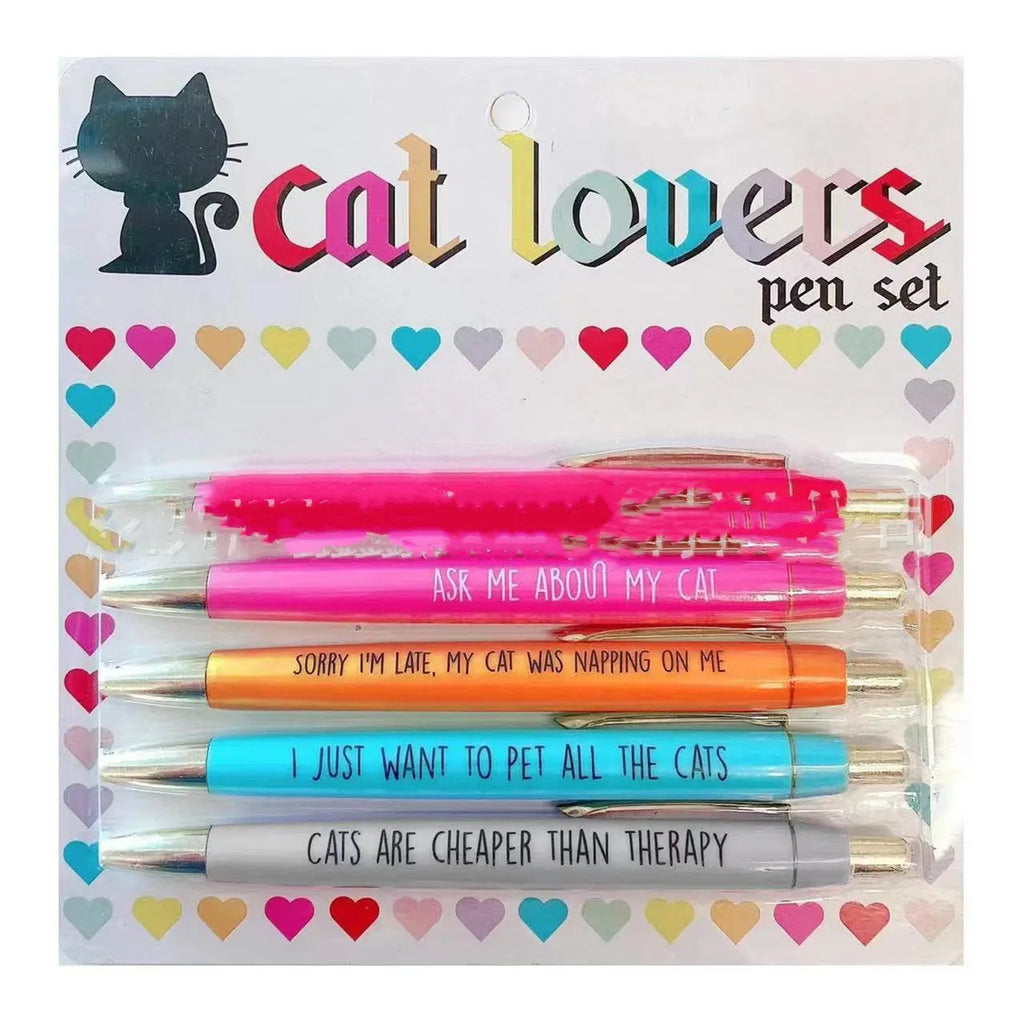 Set of five automatic push-button pens with a beaded fabric storage bag
