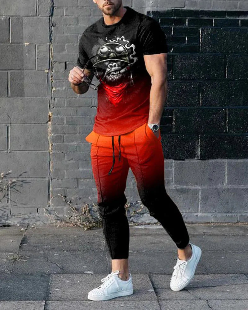 Men's slim-fit two-piece sports suit with short sleeve printed t-shirt and matching trousers in polyester blend fabric