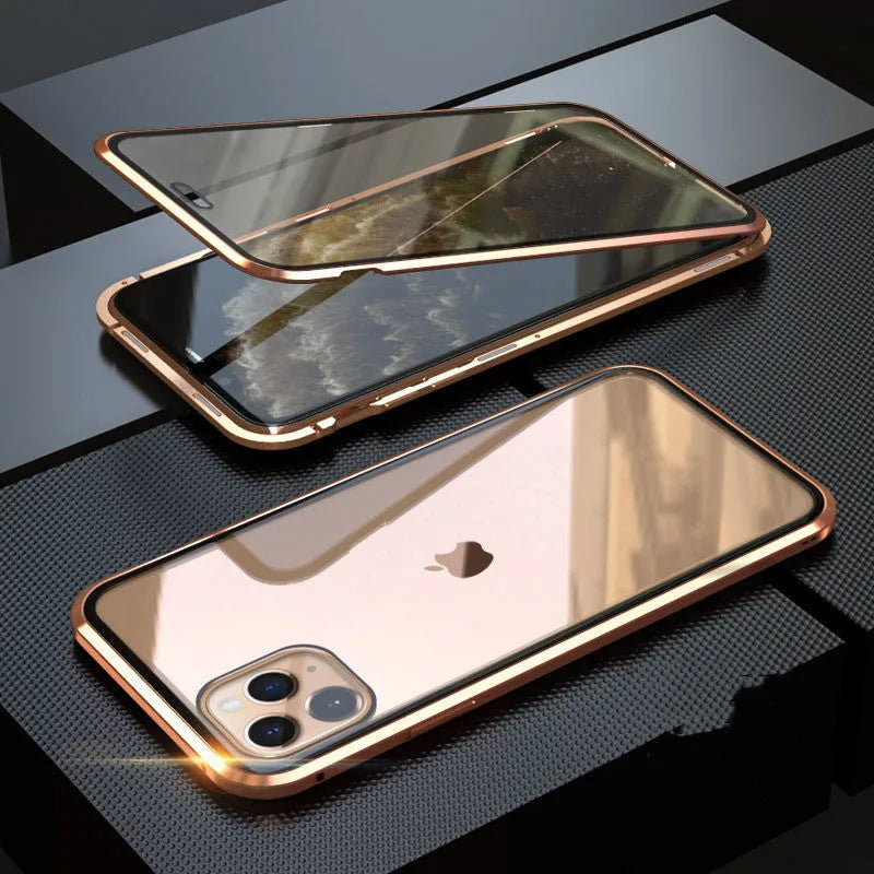 Glass anti-spy phone case with closed clamshell design showing geometric styling