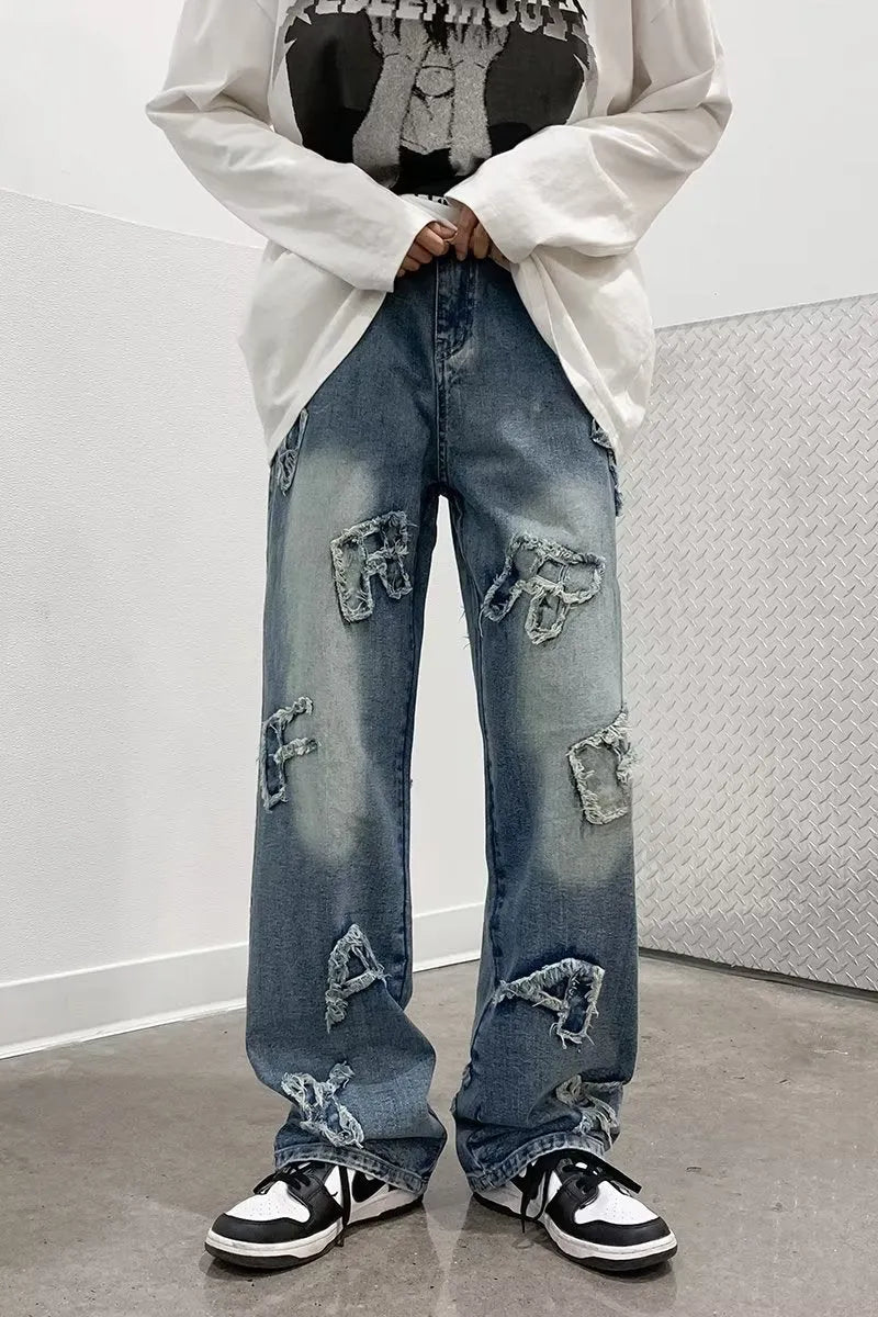 Blue men's loose retro wide-leg cotton casual trousers with mid-rise waist