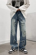 Blue men's loose retro wide-leg cotton casual trousers with mid-rise waist