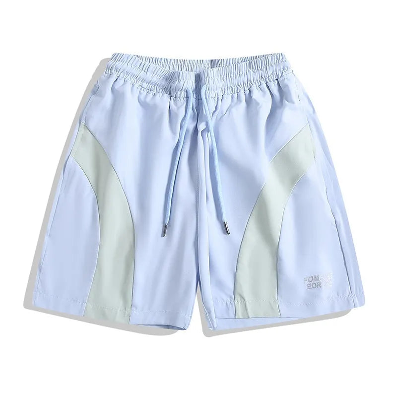Black and grey loose-fit quick-drying sports shorts with elastic waistband above knee length