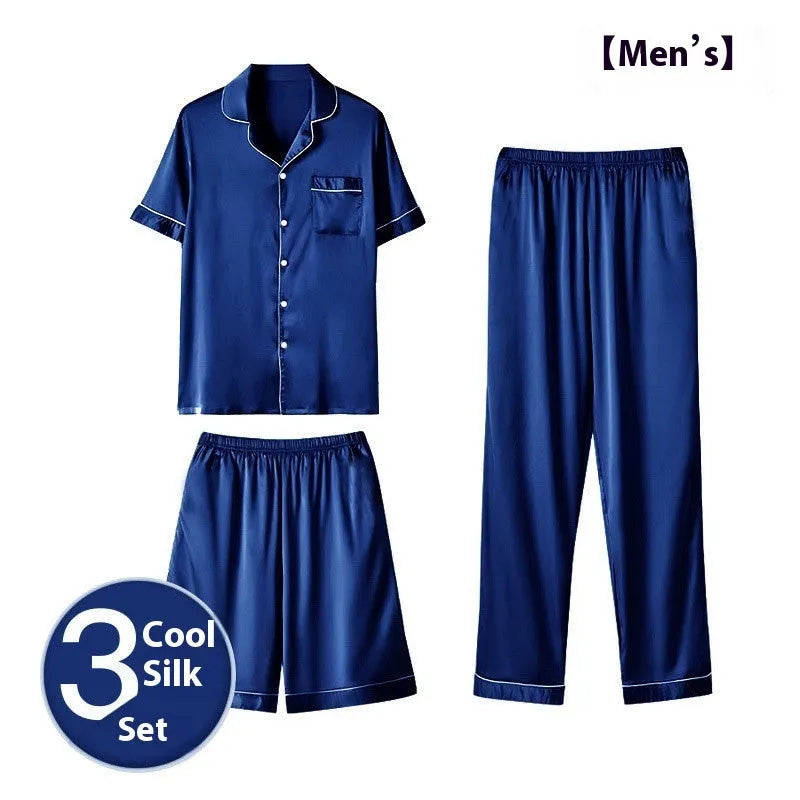 Men's thin ice silk three-piece home wear loungewear set in multiple colours, sizes up to 5XL.
