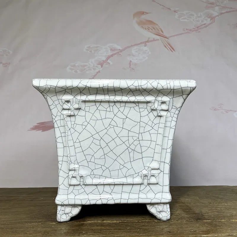 27cm square ceramic flower pot with white ice crack glaze finish for indoor orchids