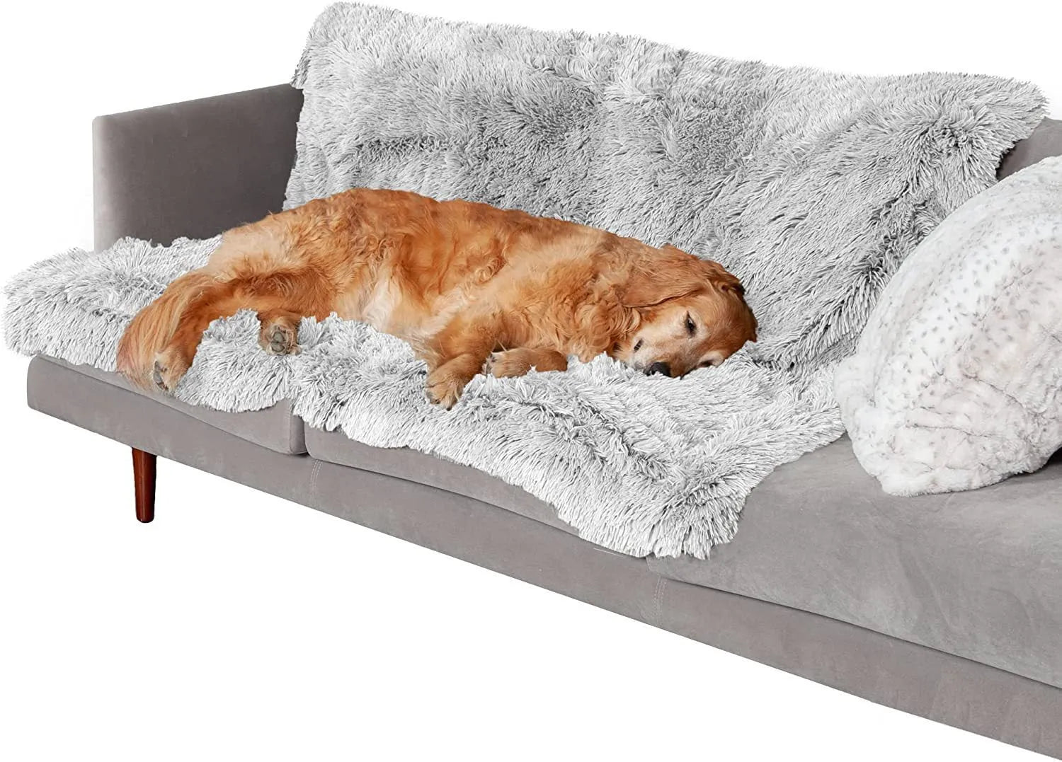 Plush waterproof dog cushion in dark grey, showing soft fabric surface and thick edges.