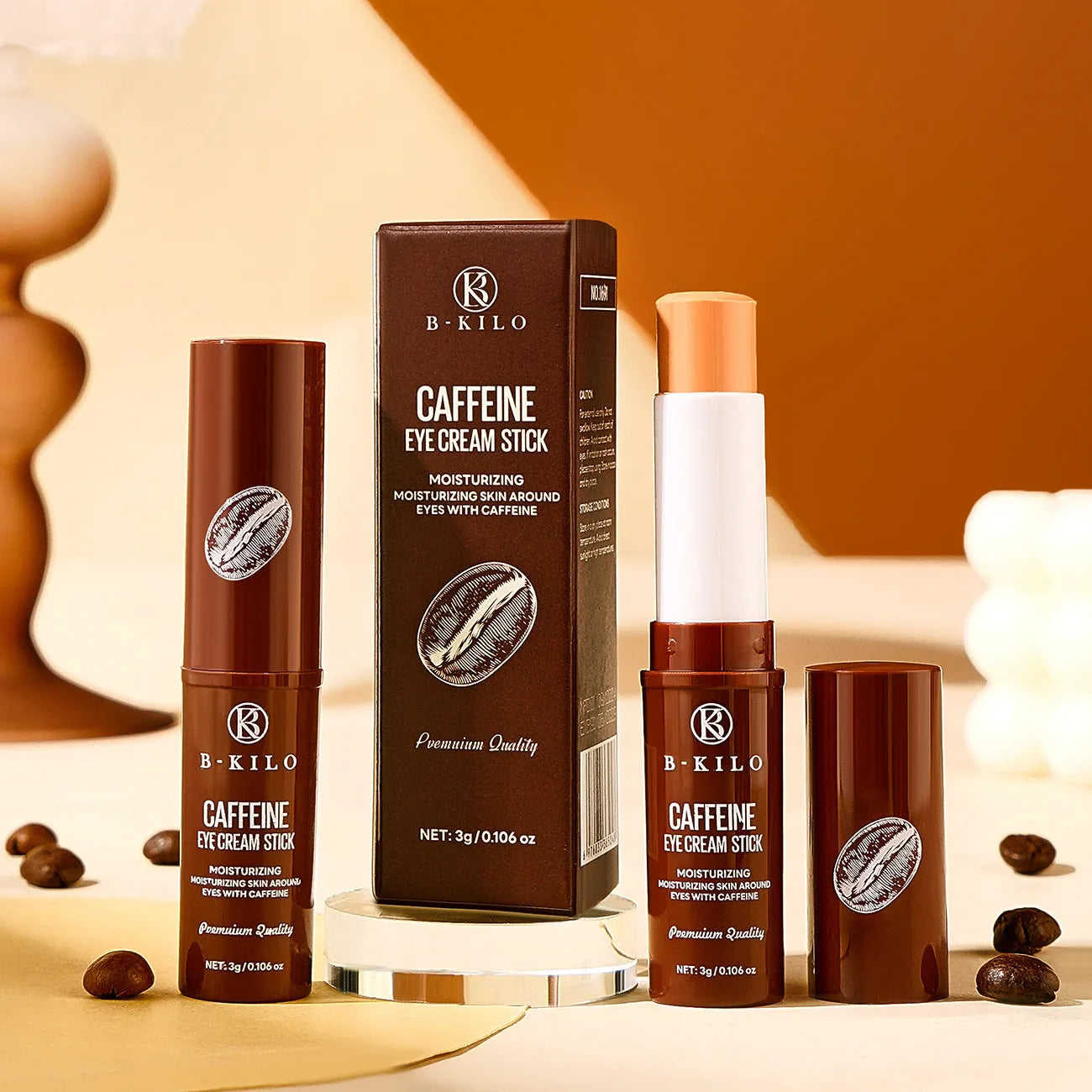 Caffeine eye cream stick in packaging, 3g net content for hydrating and reducing dark circles.