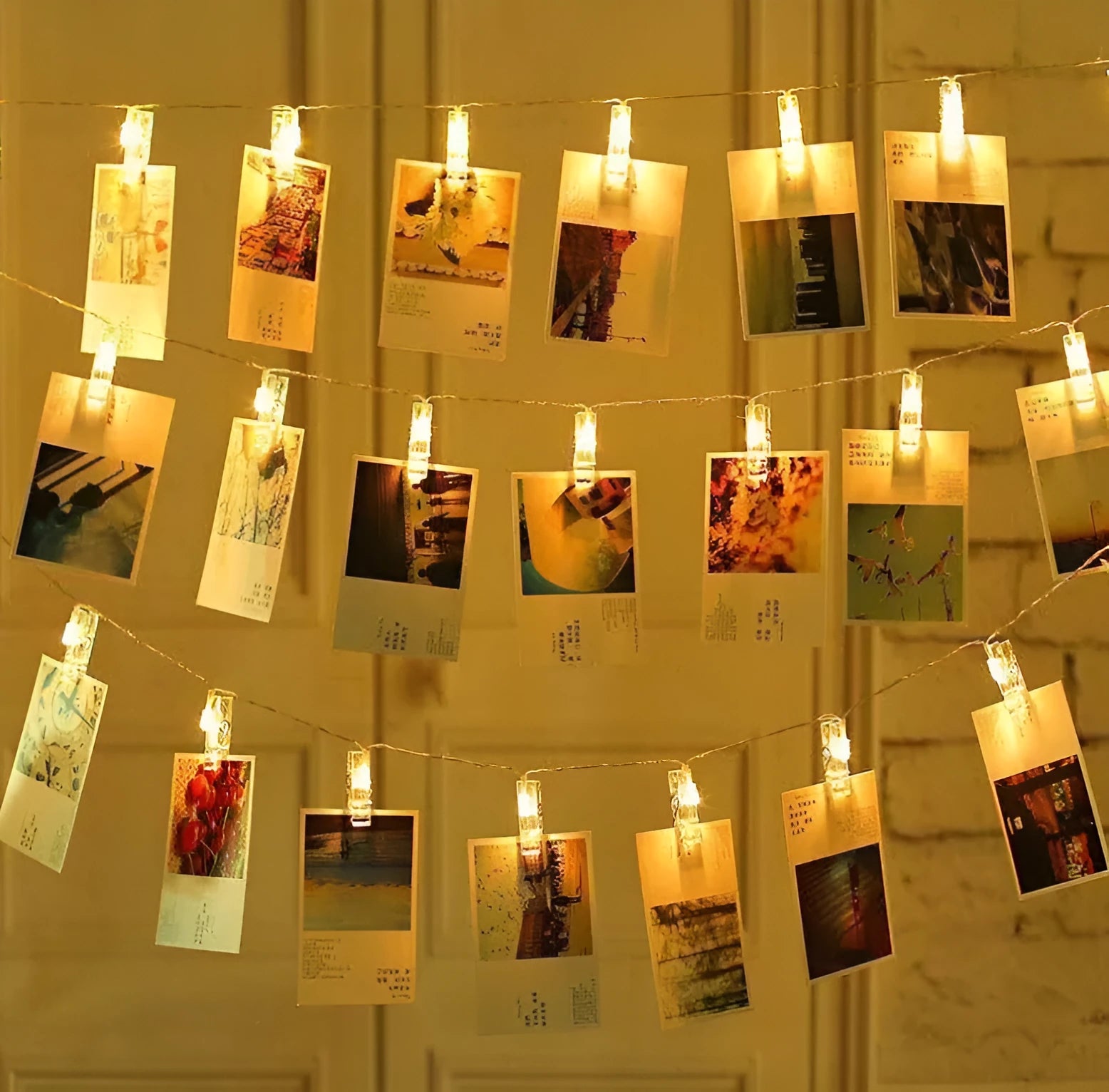 LED photo wall clip light string with heart-shaped clips, warm white lights, plastic construction, IP44 rated