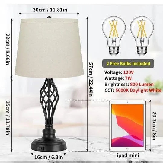 European style alloy bedside lamp with touch controls and USB charging port