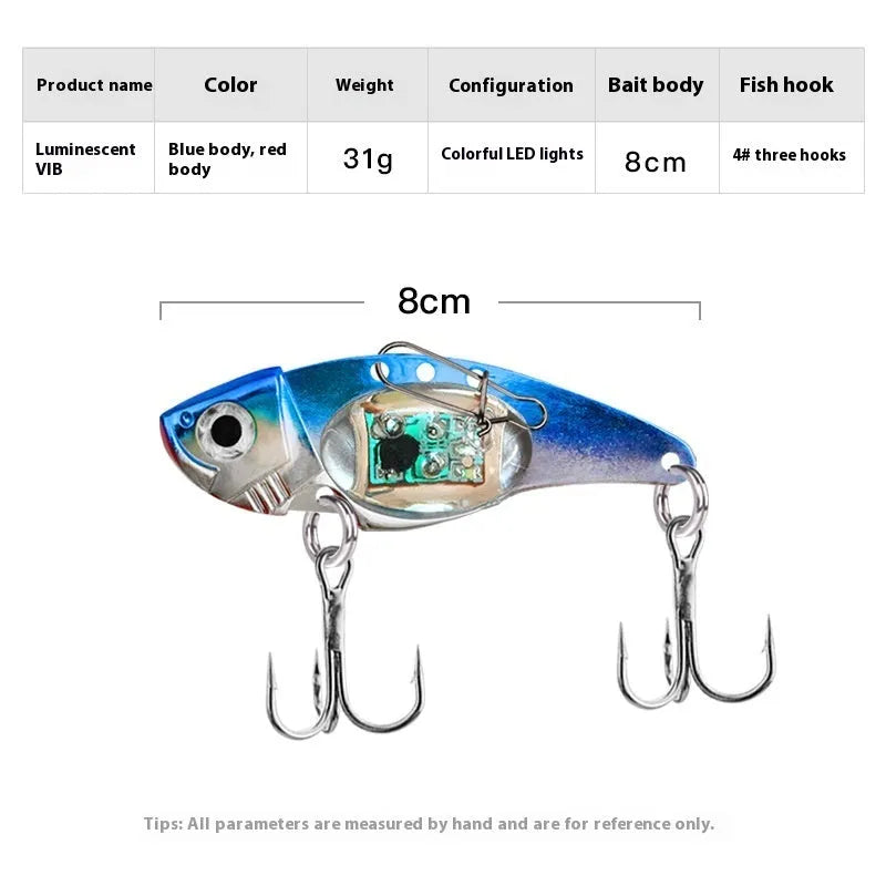 Electronic fishing lure with luminous metal vib in blue and red body options