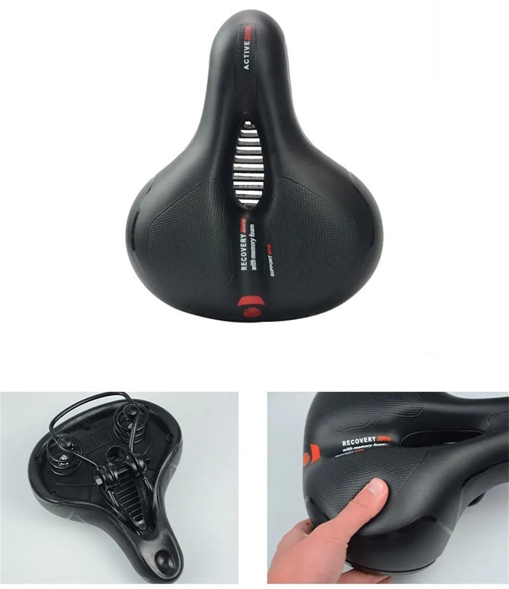 Bicycle saddle silicone gel cushion with PU leather cover, waterproof cover, wrench, and tyre repair kit.