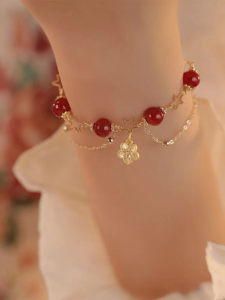 Red agate double layer bracelet with peach blossom ethnic design elements