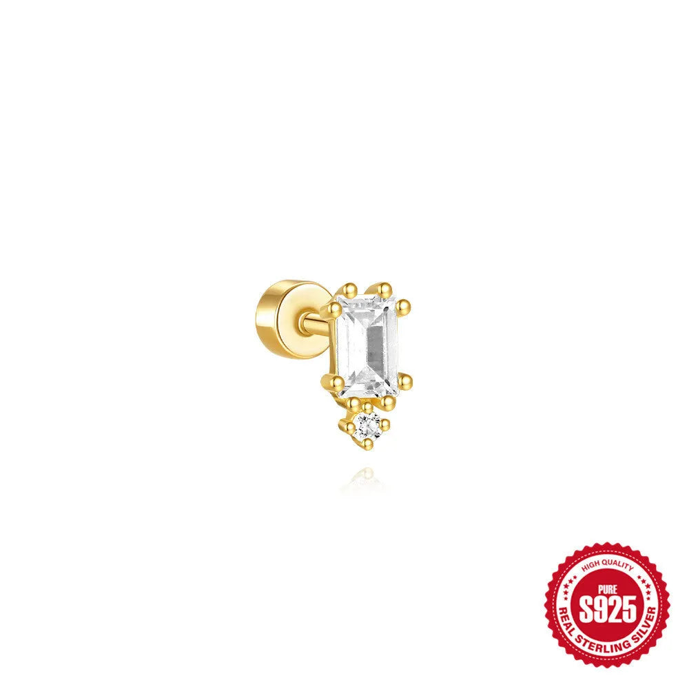S925 sterling silver geometric flat column thread ear bone studs in gold plating.