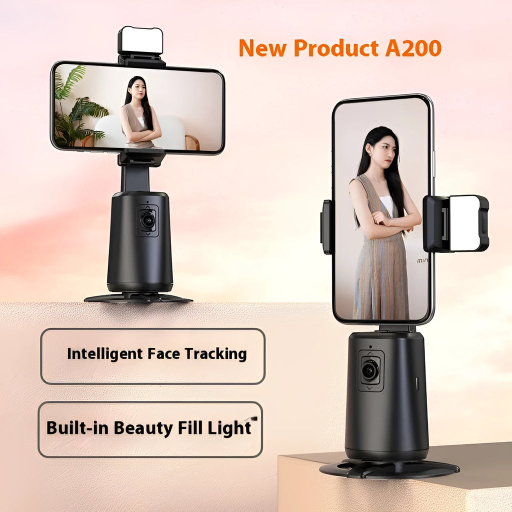 Black intelligent face tracking desktop camera bracket with rotating head and remote-controlled ribbon lights