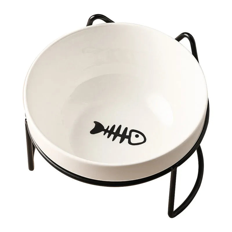 Ceramic cat bowl with iron stand in cat footprints or fishbone pattern design