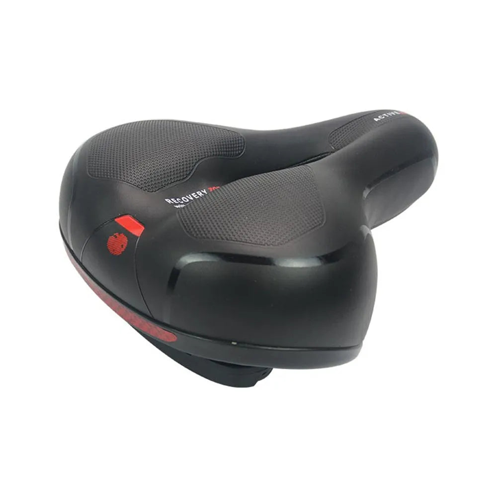 Bicycle saddle silicone gel cushion with PU leather cover, waterproof cover, wrench, and tyre repair kit.