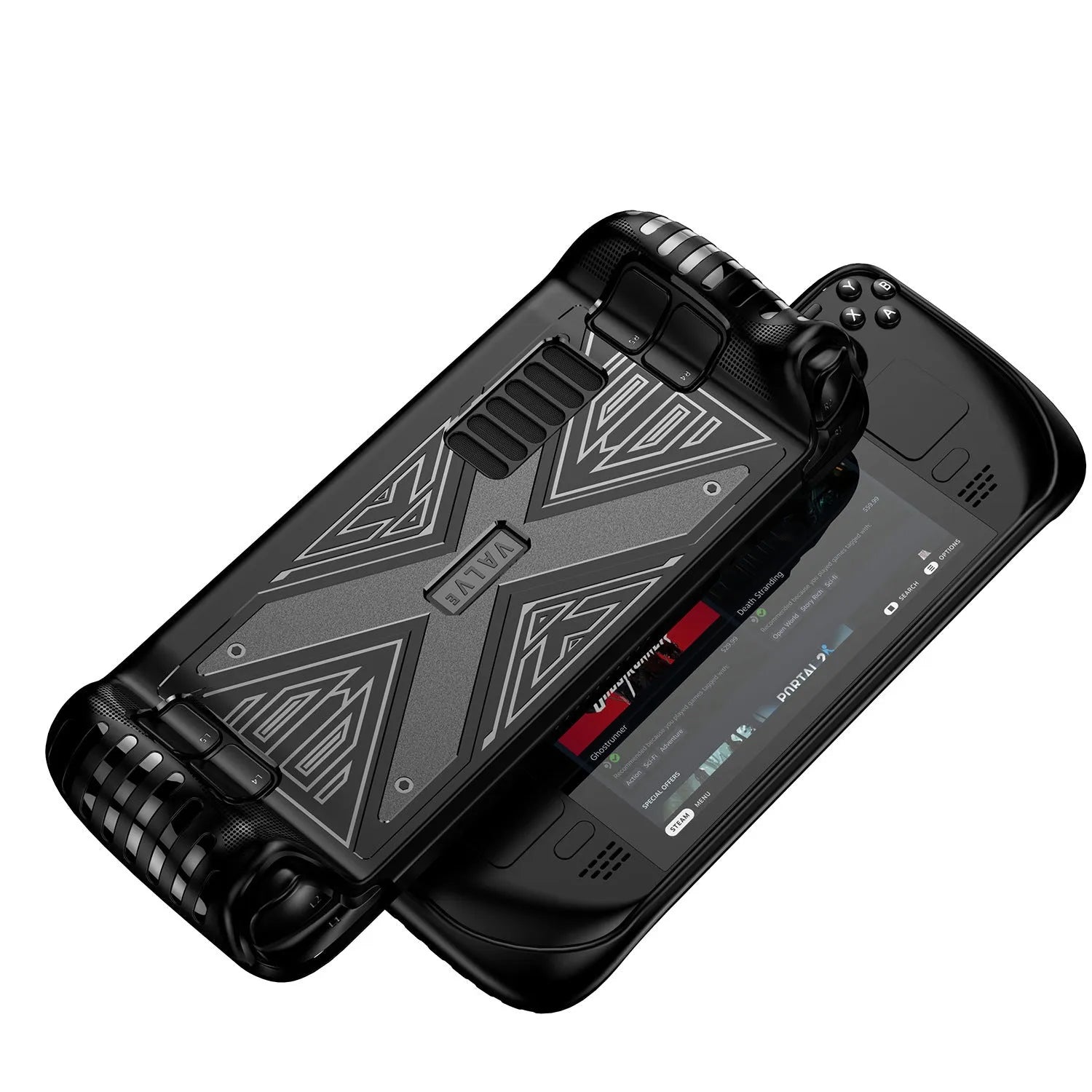 Red soft silicone protective cover for a Steam Deck gaming console on a grey background.
