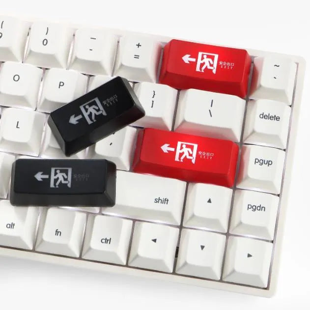 Red Safety Evacuation Exit icon key cap for a mechanical keyboard backspace key.
