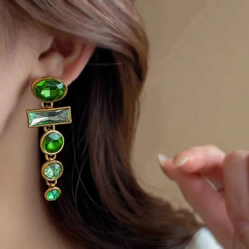 A pair of retro green gradient geometric earrings with tassels and inlaid zircon stones, Chinese-style design.