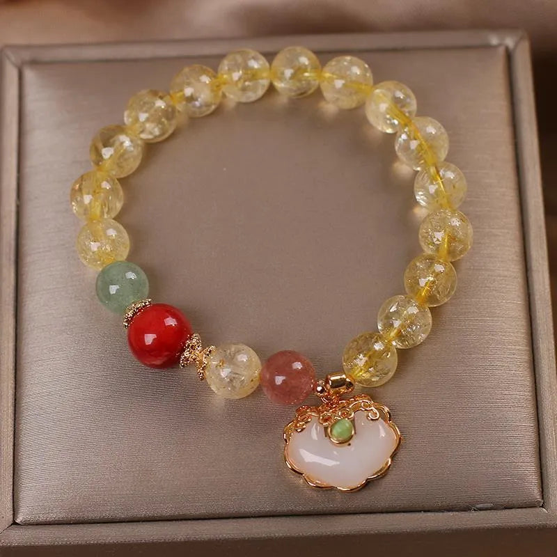 Women's natural citrine jade ruyi pendant bracelet with yellow hair crystal set in alloy metal