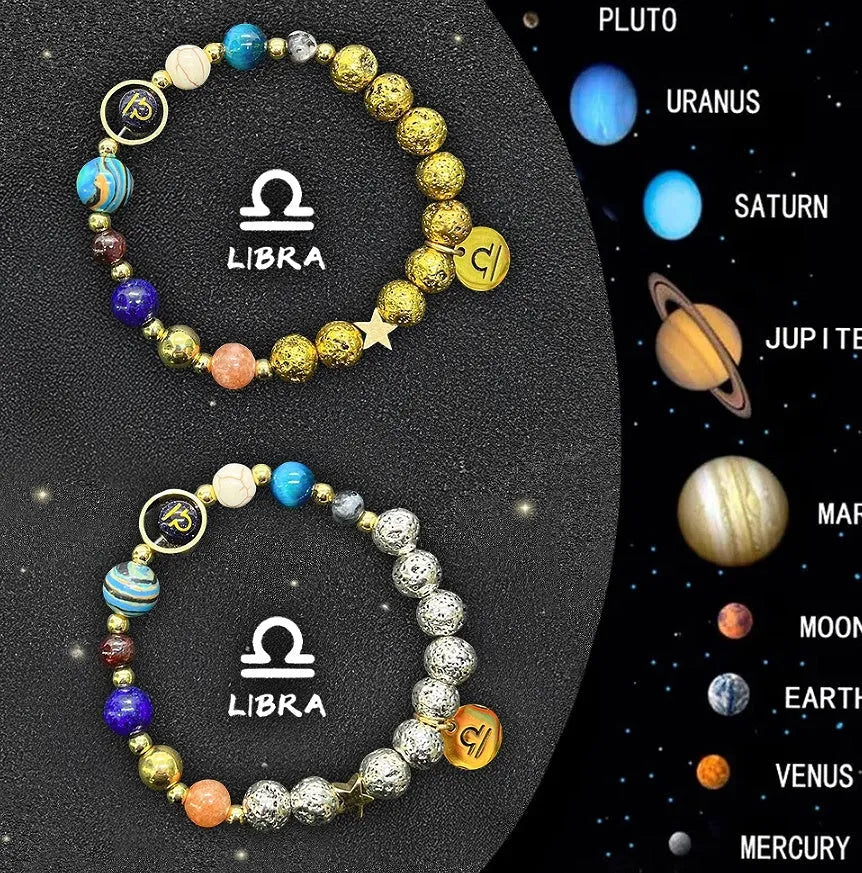 Set of two natural stone beaded bracelets with Zodiac sign charms on a dark background.
