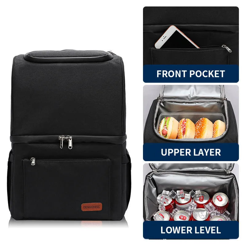 Double layer insulated picnic backpack with ice pack in blue colour showing 22L capacity