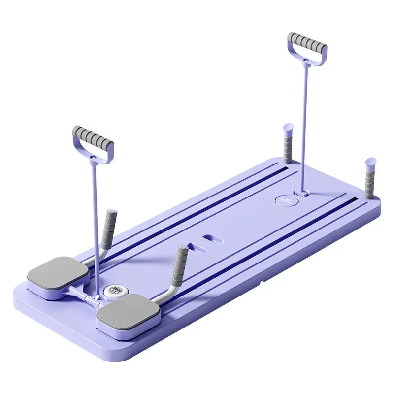 Standard purple automatic rebound abdominal wheel fitness board on floor demonstrating exercise position