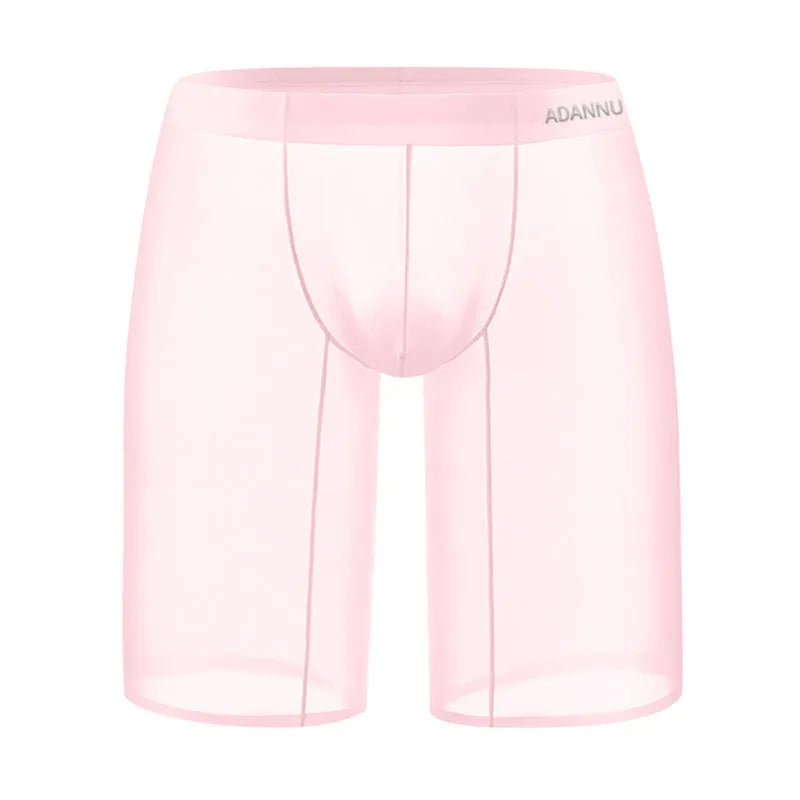 Men's solid-colour seamless nylon mesh shorts shown in black, white, and pink.