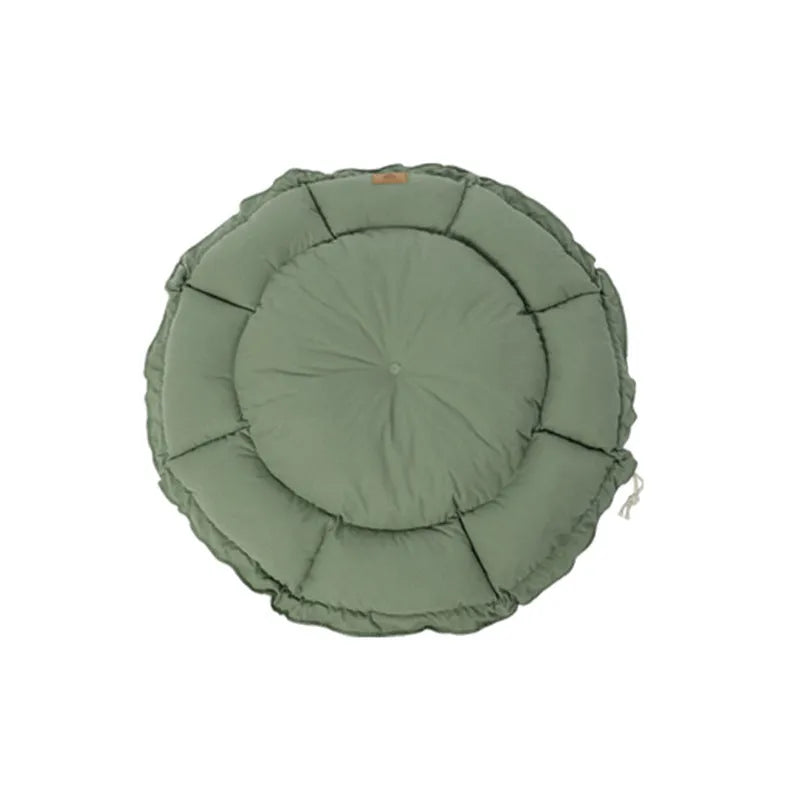 Grey and green reversible donut-shaped cat bed for indoor pets, shown in small, medium, and large sizes.