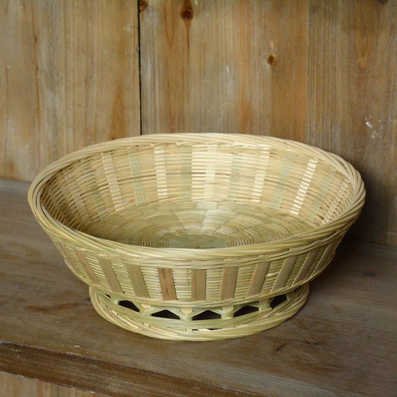 Handmade natural bamboo storage basket shown in three size variants for home organisation.