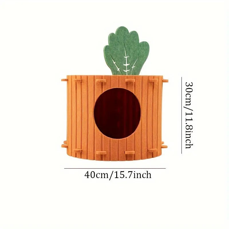 Carrot-shaped felt cat tunnel nest with semi-enclosed drilled design in various colours