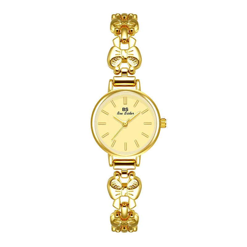 Women's retro French style alloy watch with 7mm slim case in golden white finish