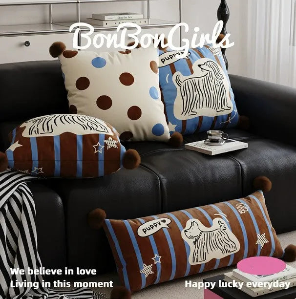 Cartoon animal printed cushion on sofa in blue, brown or white colours, showing 30x70cm, 45x45cm and 60x60cm size options
