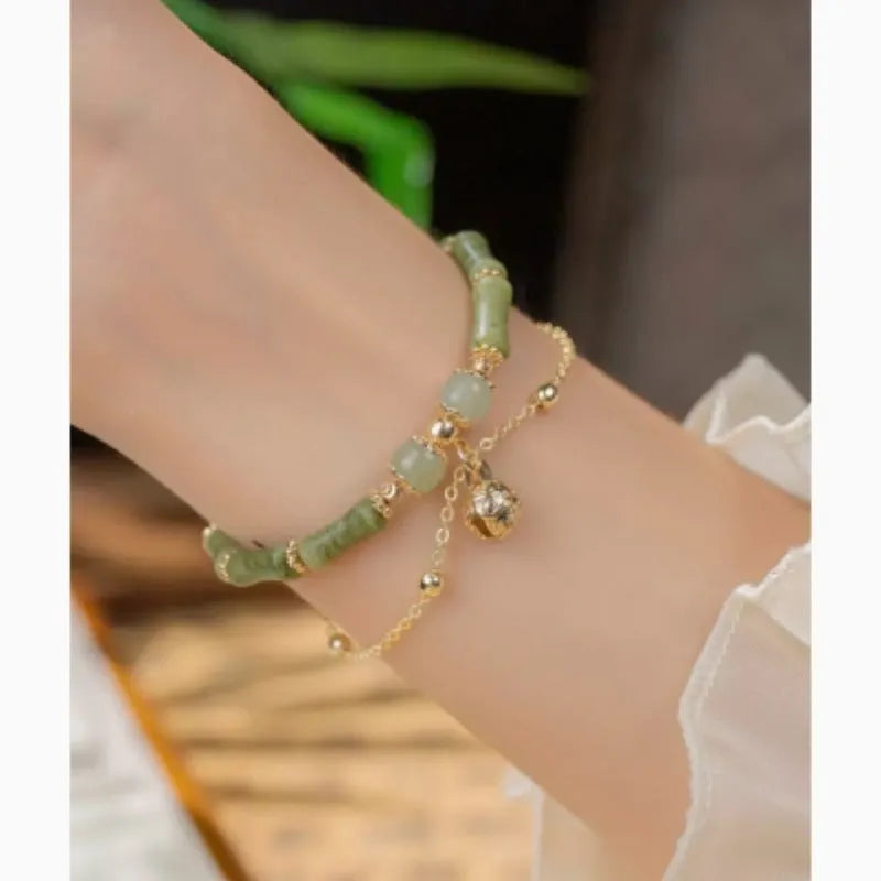 Women's Hetian jade bamboo bracelet on wrist, adjustable 15+3 cm, natural stone geometric design