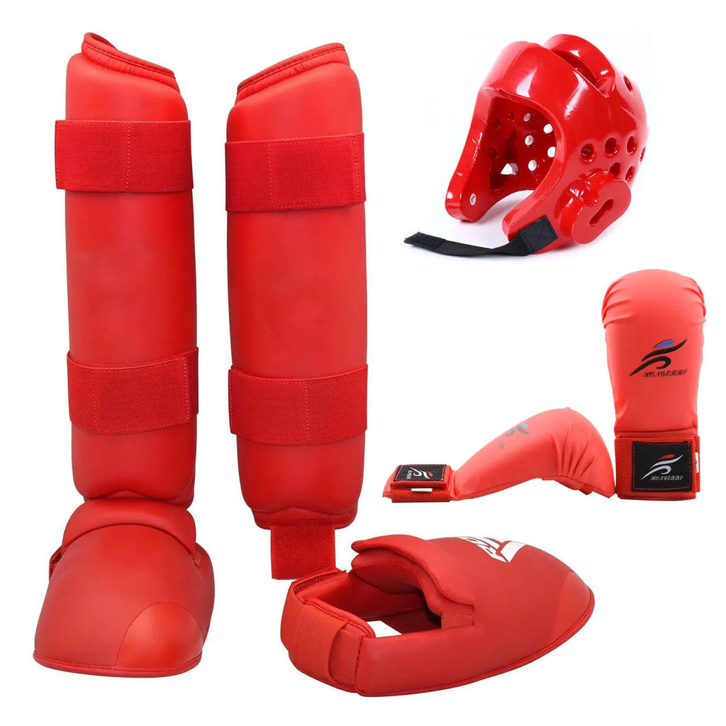 Karate protective gear set showing red leg guards, helmet and boxing gloves for martial arts training