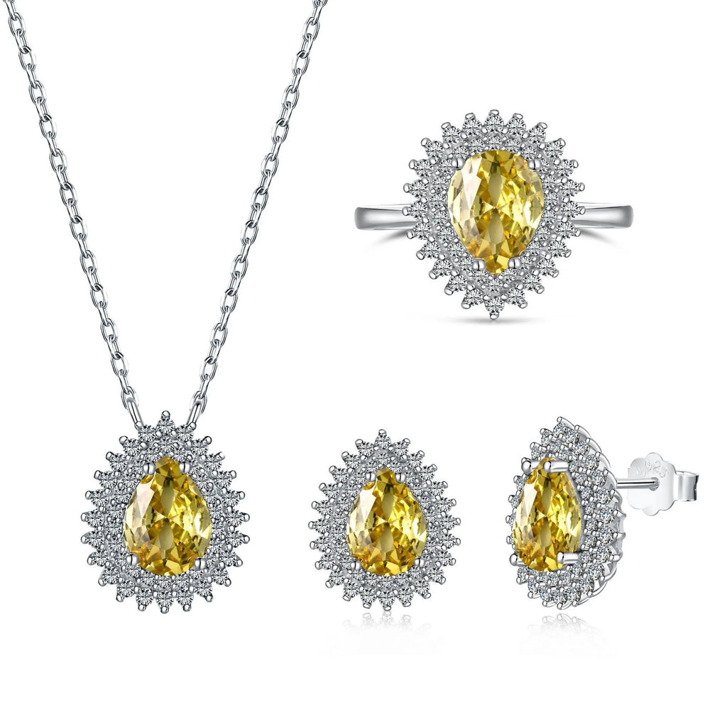 Sterling silver jewellery set with water droplet design necklace ring and earrings in gold finish