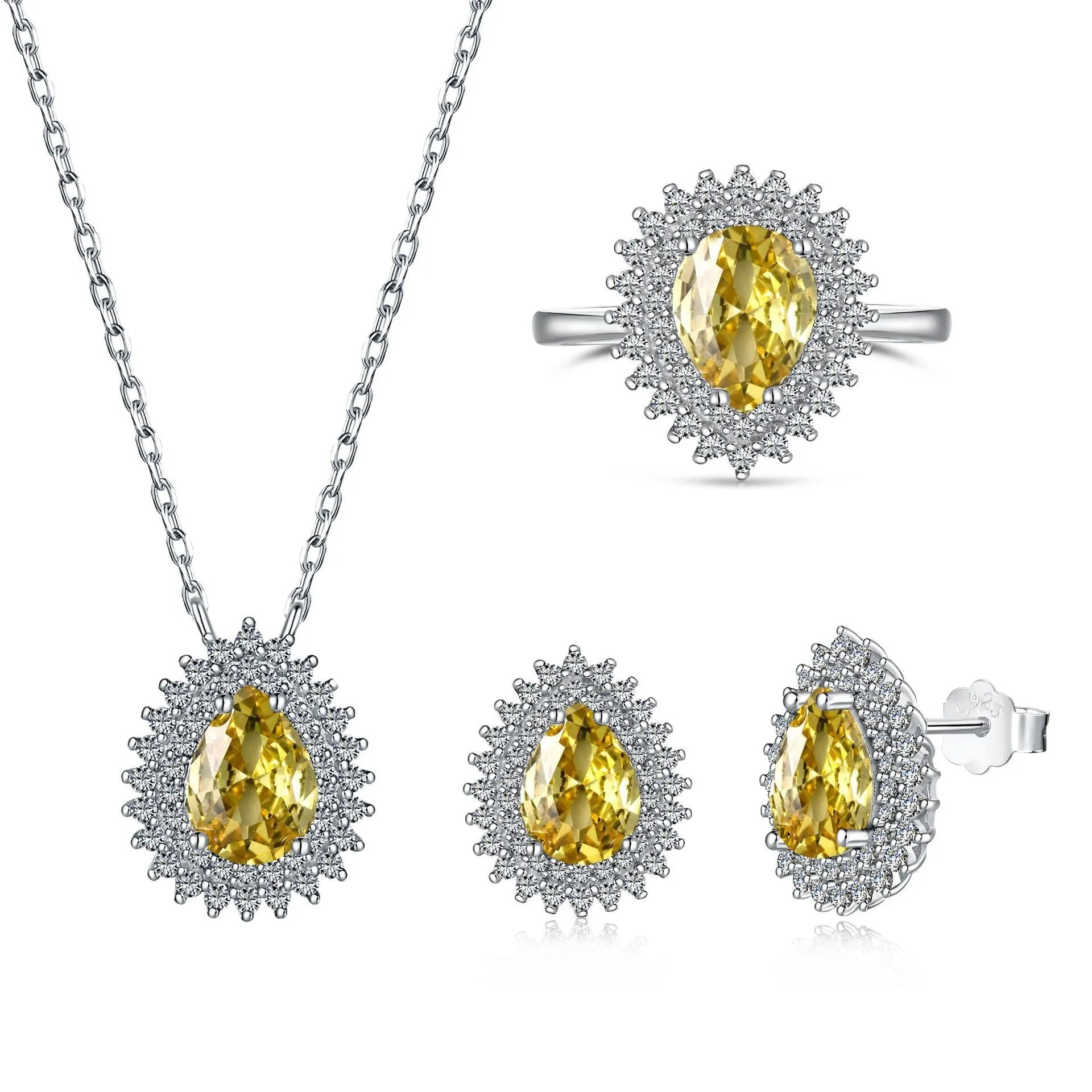 Sterling silver jewellery set with water droplet design necklace ring and earrings in gold finish