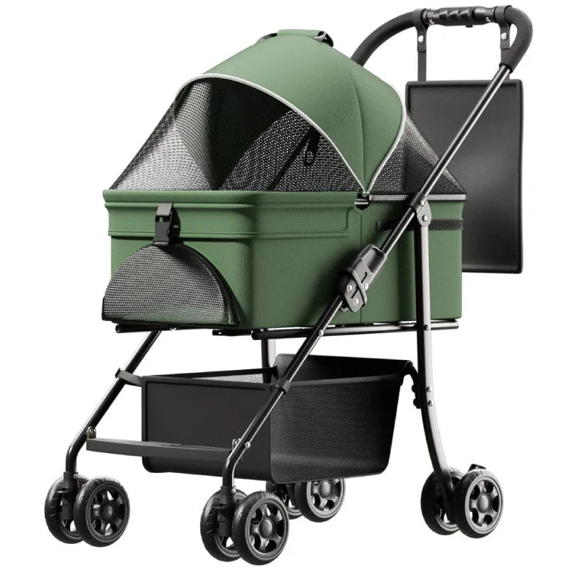 Black metal pet cart with one-click folding mechanism and detachable construction