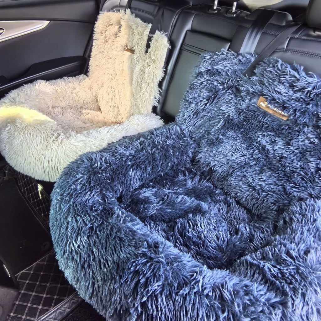 Winter thermal thickened vehicle pet mat in beige and dark grey colours showing single and double seat sizes