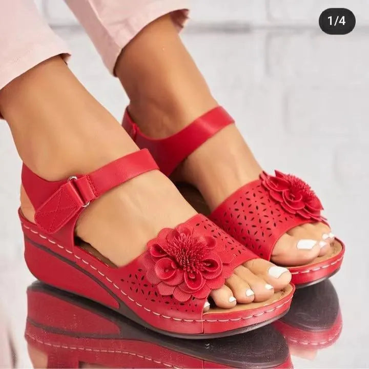 Women's plus size hollow-out flower platform wedge sandals in first layer cowhide with ankle buckle, beige colour
